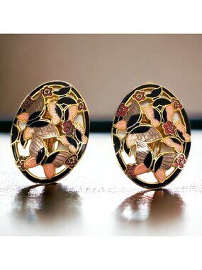 Vtg Cloisonne Butterfly Clip On Earrings Gold Tone Pink Black Oval 1.25"×1"